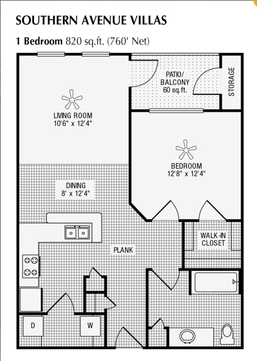 Floor Plan - 1 Bed 1 Bath 820 SqFt (760 Net)