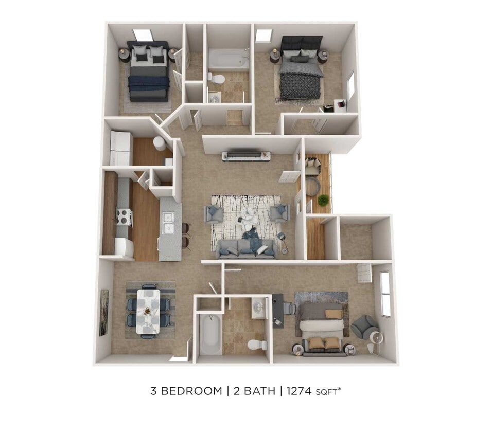 Floor Plan - Three Bedroom 2 Bath - 1,274 sqft