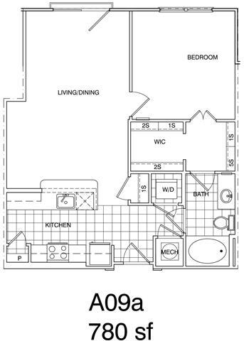 Floor Plan - 1 Bedroom, 2 Bath 780 SF KA9