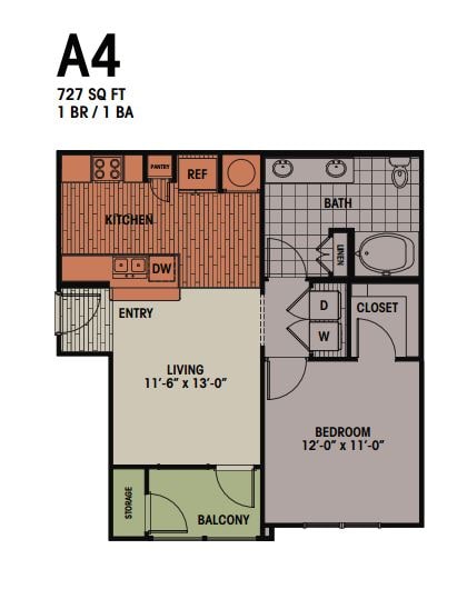 A4 - 1 Bedroom, 1 Bath 727 sqft A4
