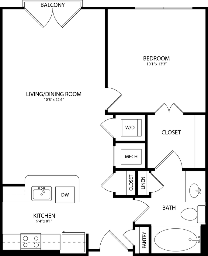 Floor Plan - 1 Bedroom, 1 Bath 691 SF KA1