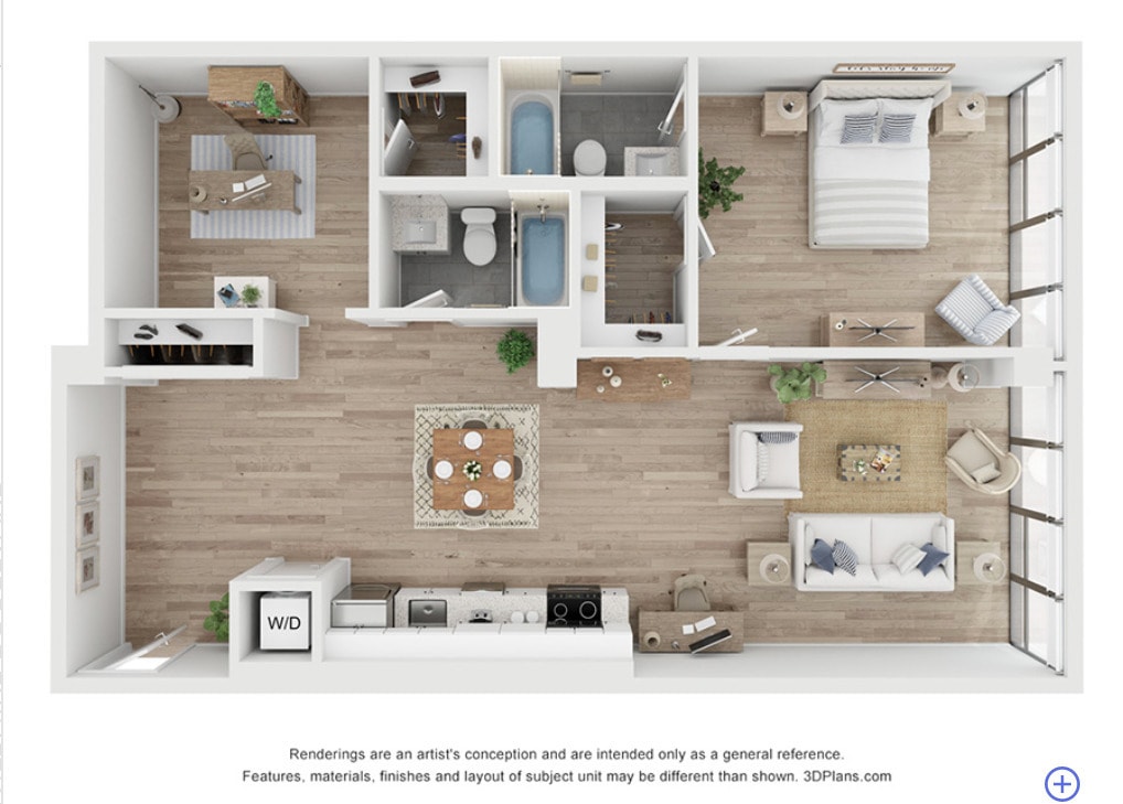 Floor Plan - 1 Bed 2 Bath +Den - 1147 sqft