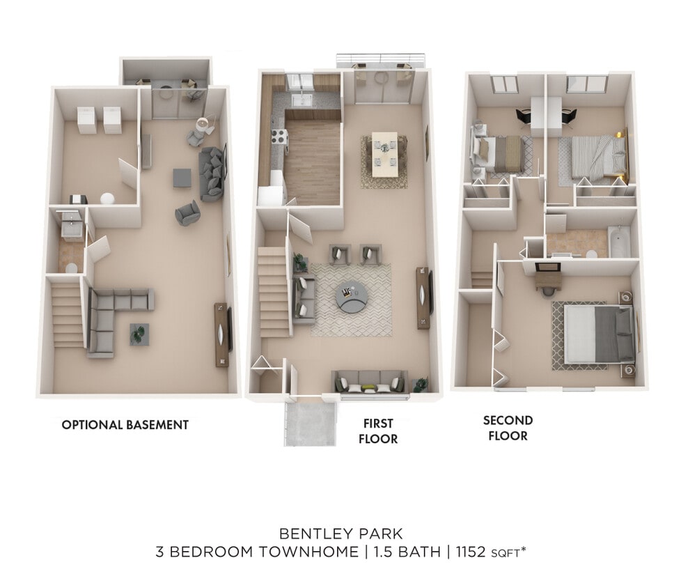 Floor Plan - Three Bedroom 1.5 Bath Townhouse - 1,152 sqft