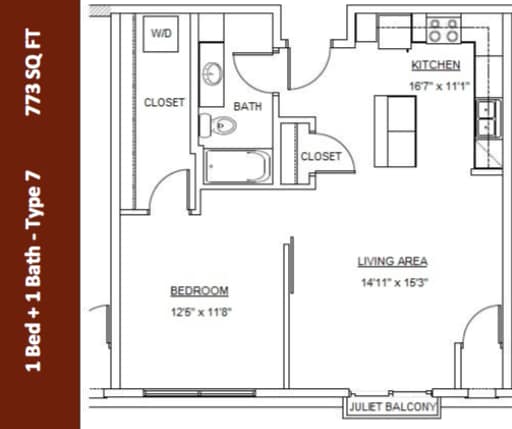 Type 7 | 773 Square Feet | One Bedroom One Bath - 1 Bedroom - 1 Bath (Type 7)