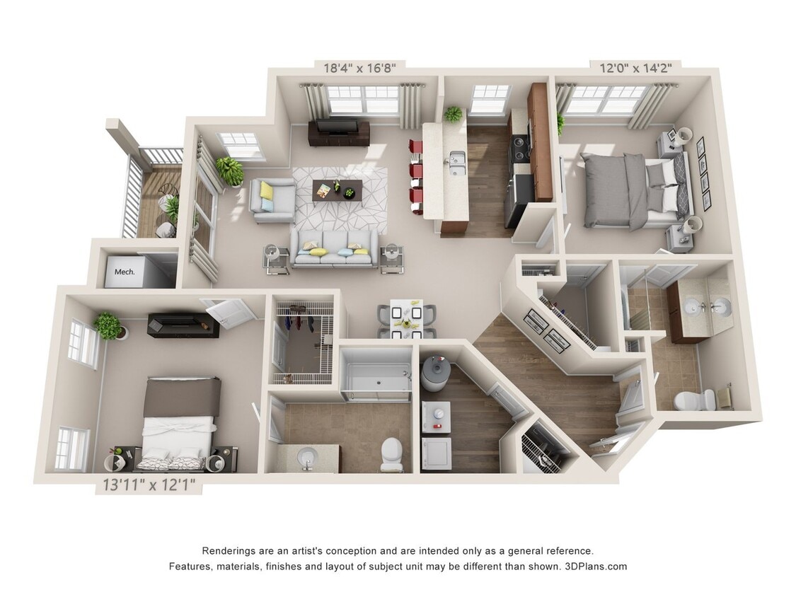 Floor Plan - 2 Bedrooms 2 Bath DUAL MASTER - 1270