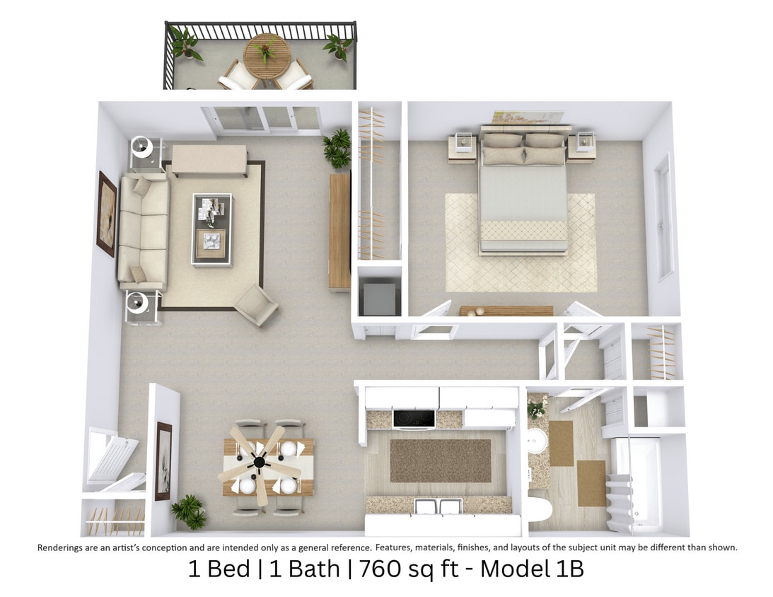 Floor Plan - Model 1B - 760 sq. ft.