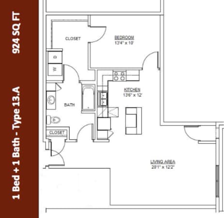 Type 13 | 924 Square Feet | One Bedroom One Bath - 1 Bedroom - 1 Bath (Type 13)