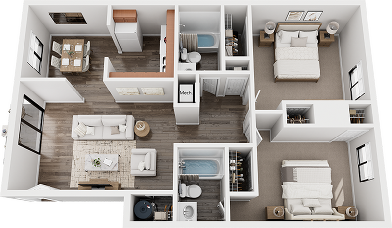 Colonial Village 2x2 B Platinum Floor Plan - 2 Bedroom x 2 Bath B - Platinum