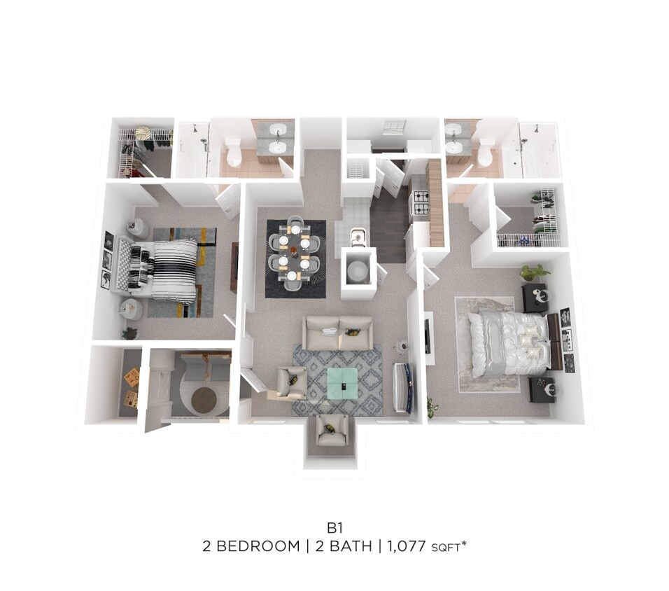 Floor Plan - Two Bedroom 2 Bath - 1,077 sqft