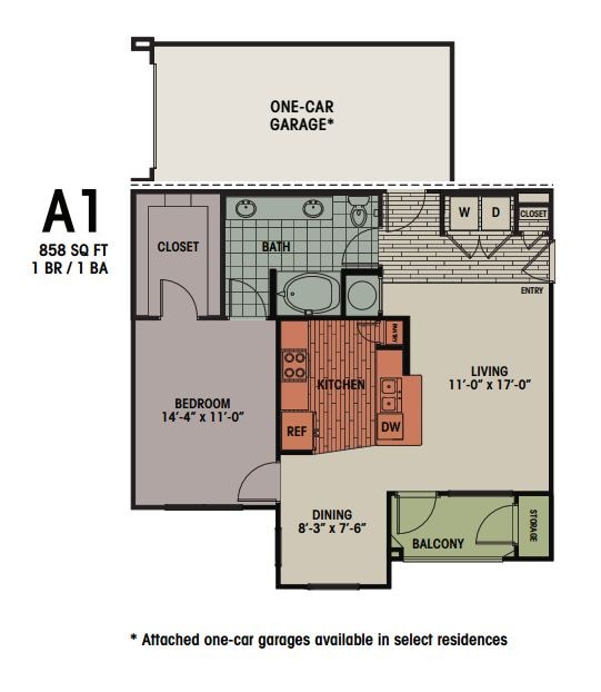 A1 - 1 Bedroom, 1 Bath 858 sqft A1