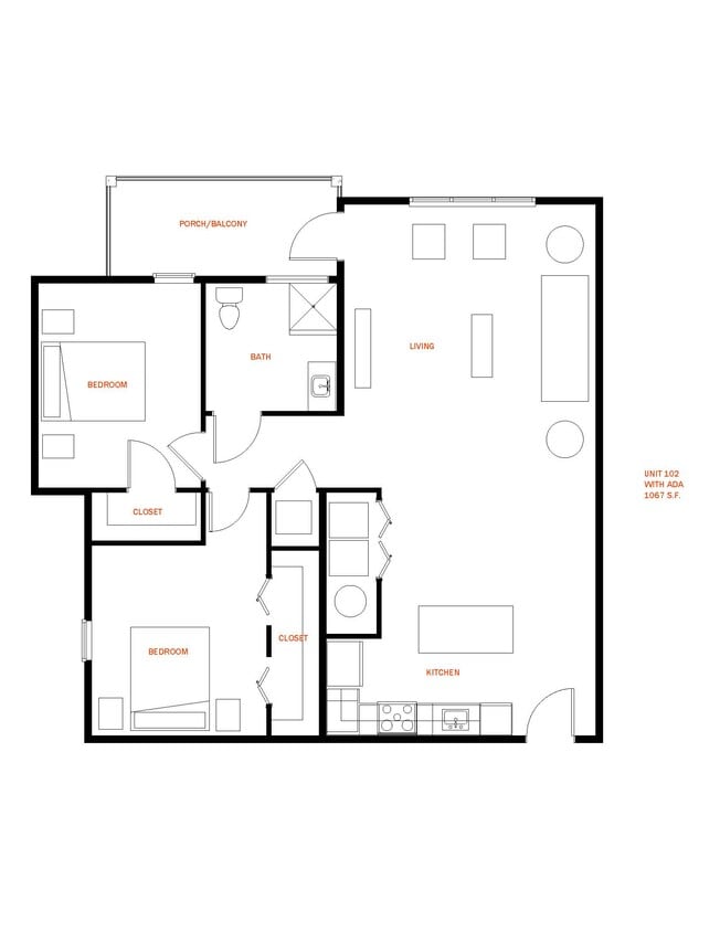 C-1,067 2 bedroom/1 bathroom - C