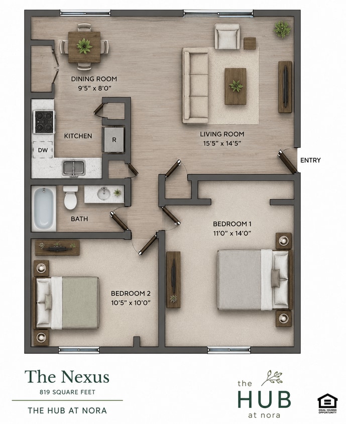 Floor Plan - Two Bedroom One Bath - The Nexus