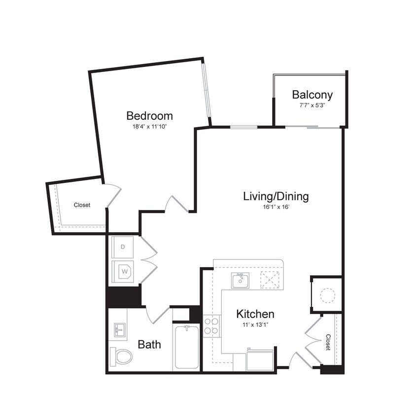 Floor Plan - One Bedroom/One Bath (1P-B) Balcony