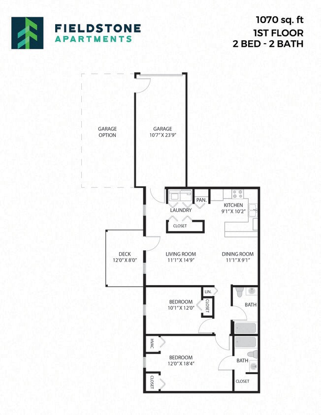 Floor Plan - 2 Bed, 2 Bad - 1,070 sq ft