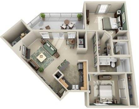 Floor Plan - 2BR - 2BTH DLX (1010 sq ft)