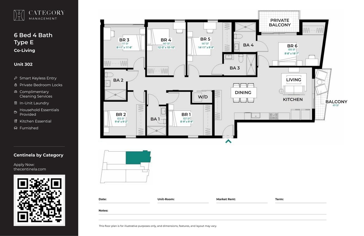 CENT_6_Bed_4_bath_Type_e - Private Bedroom in Shared 6 Bed 4 Bath - E