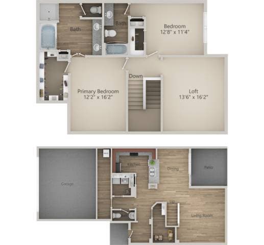 Floor Plan - 2 BR 2.5 Bath Townhouse (1608 sf)