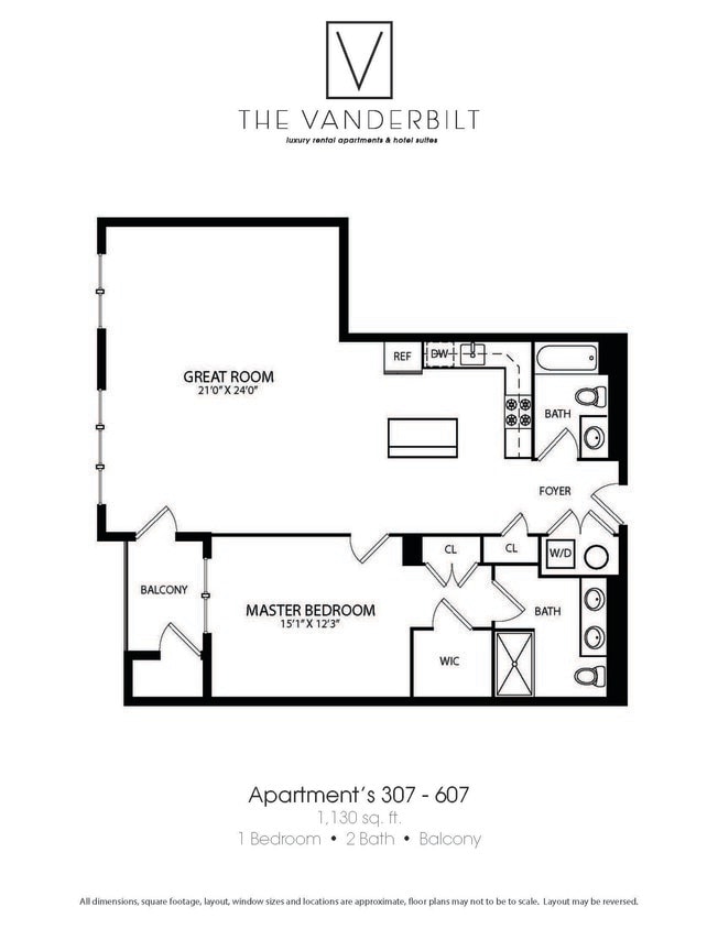 Floor Plan - 1 Bed - 2 Bath - Balcony