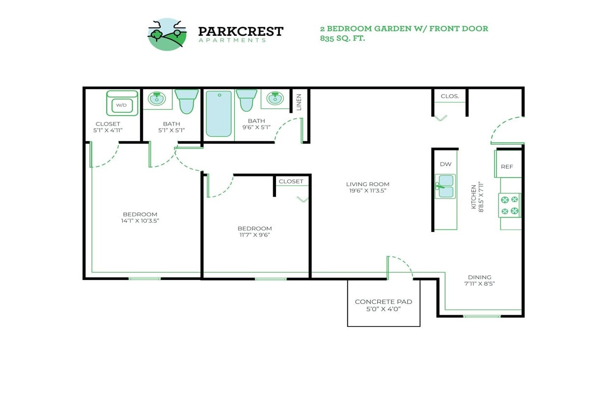 Floor Plan - 2 Bed, 1.5 Bath - 835 sq ft