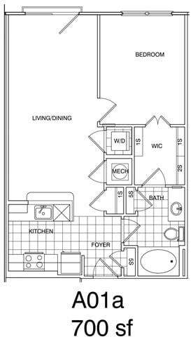 Floor Plan - 1 Bedroom, 1 Bath 708 SF KA1.1