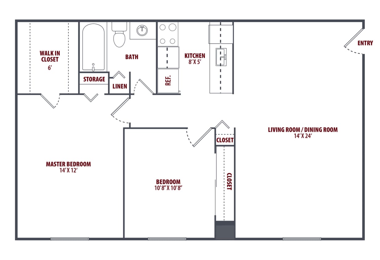 Floor Plan - 2 Bedroom, 1 Bath, E-Reno