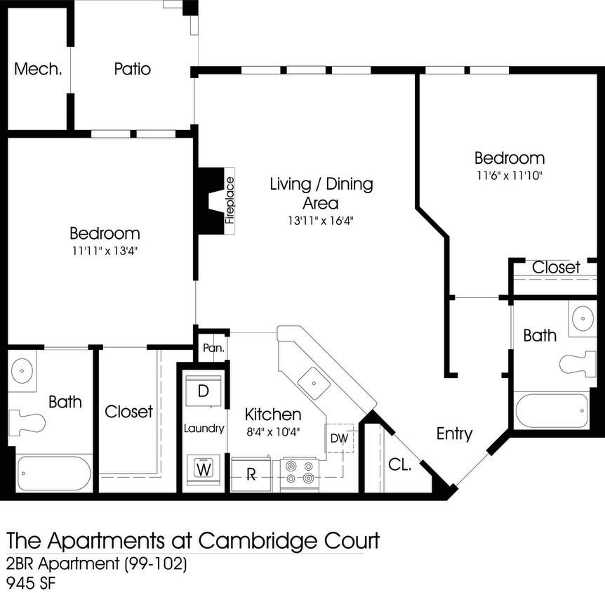 Floor Plan - 2BR 2BA (945sf)