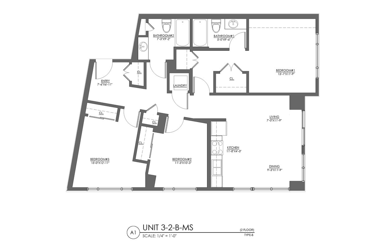 Floor Plan - 3 Bed 2 Bath - 1195 sqft