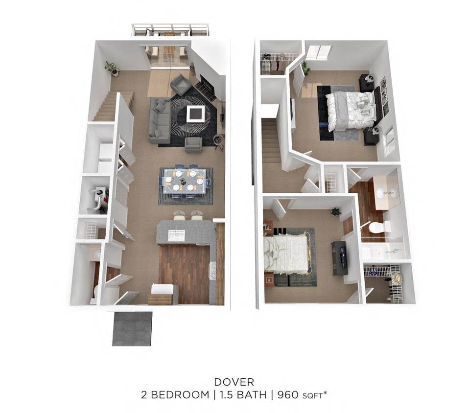 Floor Plan - Two Bedroom 1.5 Bath Townhome - 960 sqft