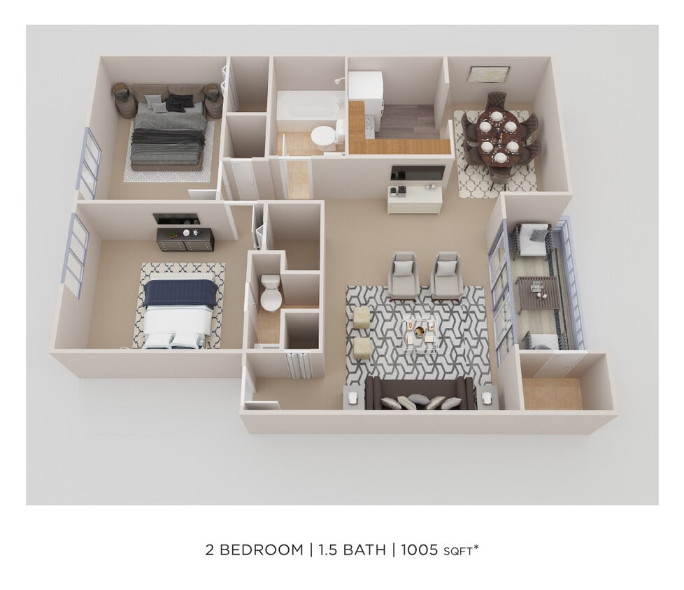 Floor Plan - Two Bedroom 2 Bath - 1,005 sqft