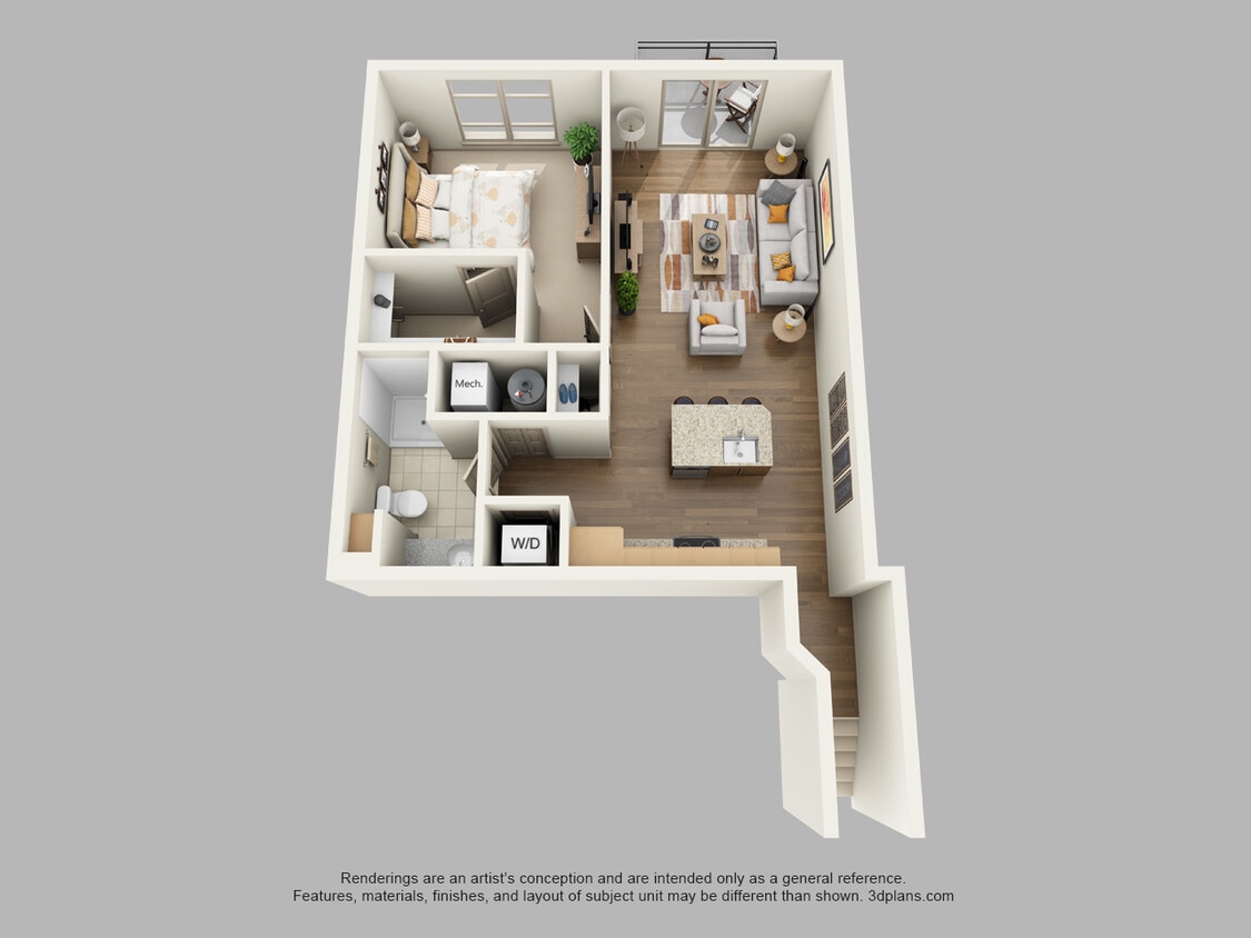 P1A - 711 sf - Private Entry Upper 1 Bedrooms