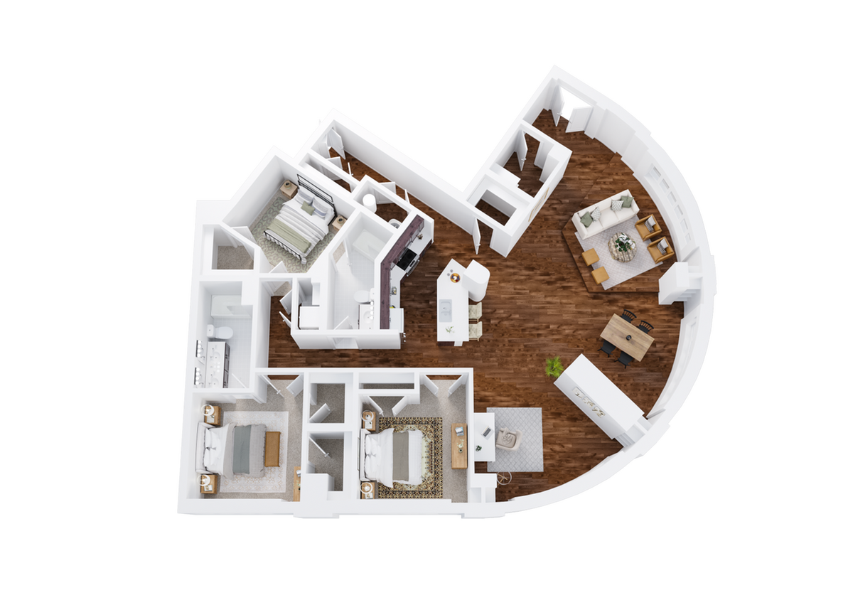 Three-Bedroom, Two and 1/2-Bathroom with Balcony Floor Plan Rendering - 3x2.5 Balcony