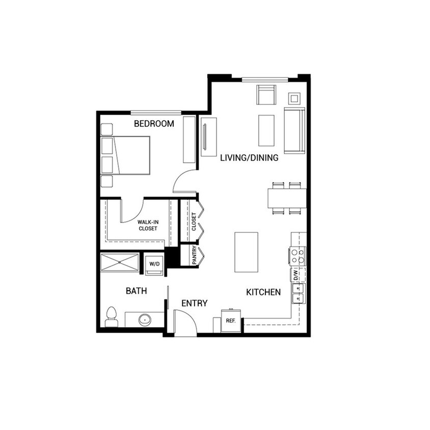 Modern floor plan featuring a spacious bedroom, open-concept living and dining area, fully equipped kitchen, and a stylish bath. Includes walk-in closet and laundry facilities for convenience. - A10