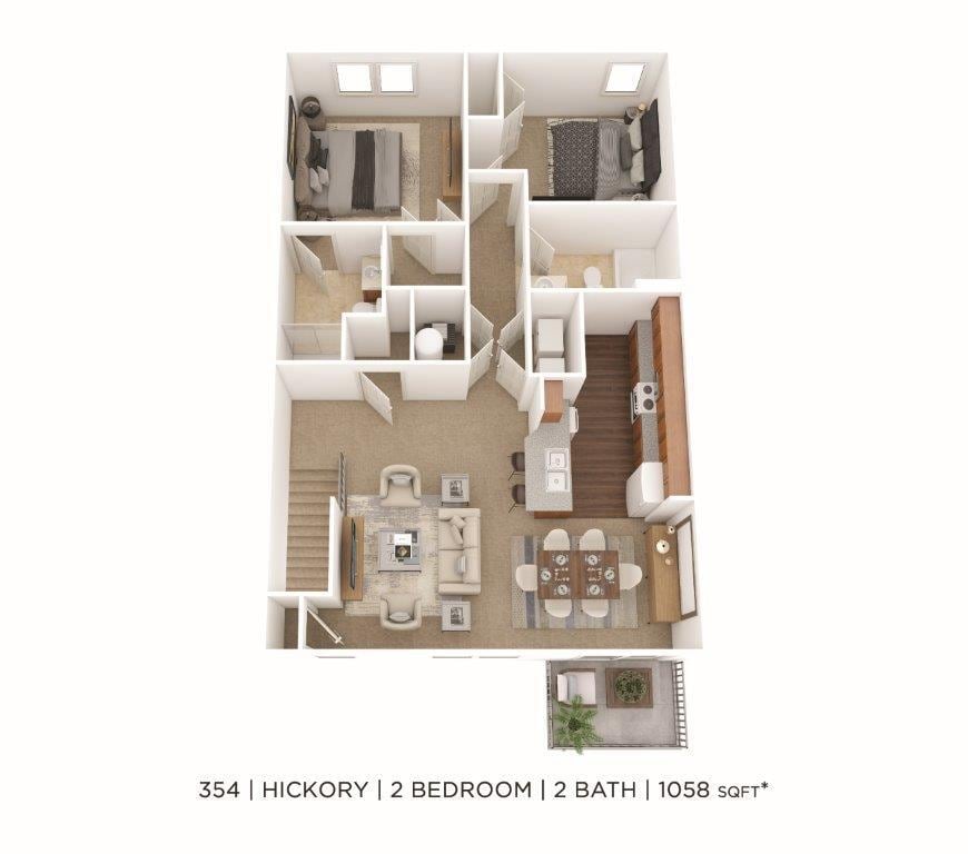 Floor Plan - Two Bedroom 2 Bath- 1,058 sqft