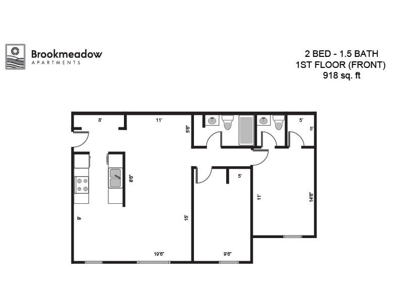 Floor Plan - 2 Bed, 1.5 Bath - 918 sq ft 