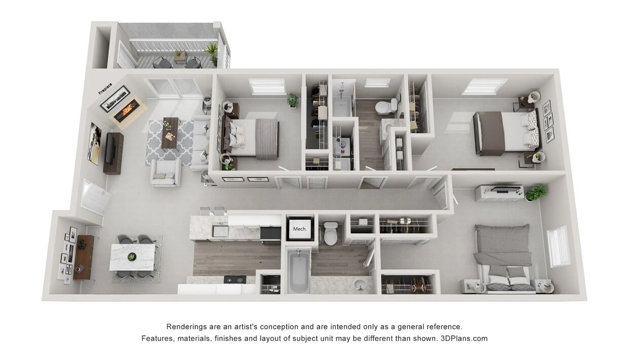 A 3D floor plan rendering of The Chestnut Oak. - The Chestnut Oak