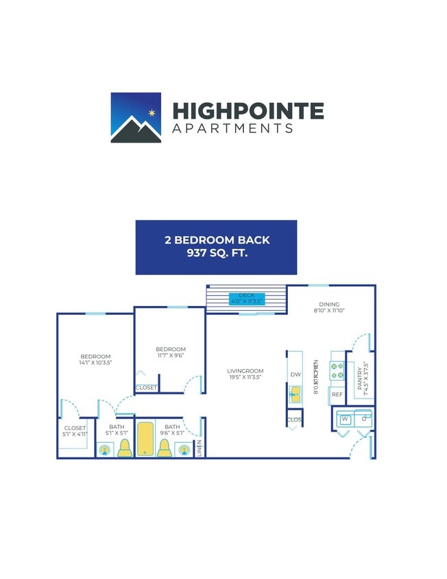Floor Plan - 2 Bed, 1.5 Bath - 937 sq ft