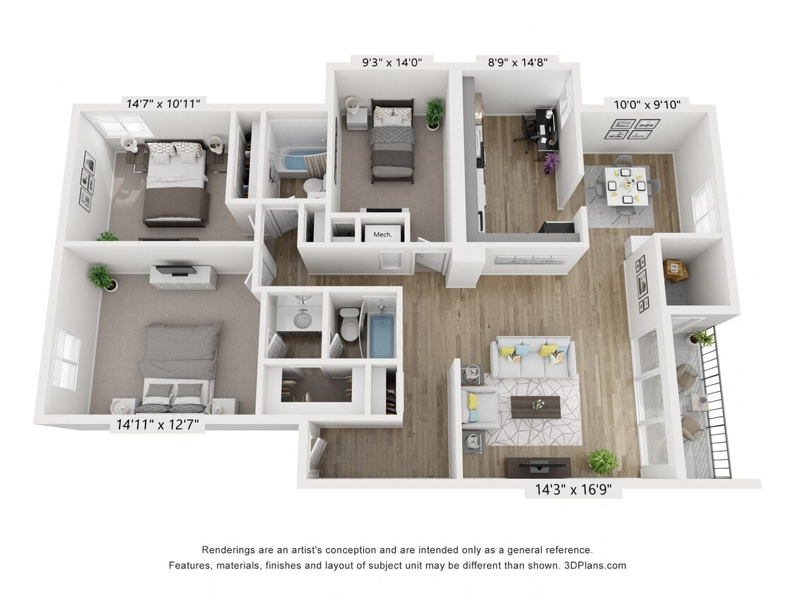 Floor Plan - C - 3BR 2BA (1280sf)