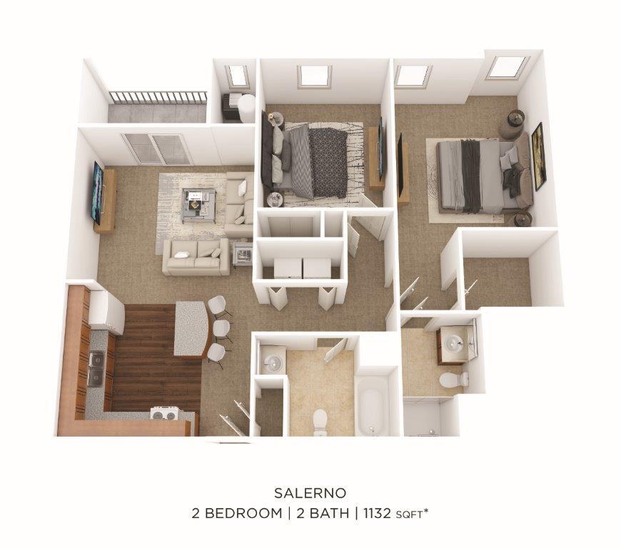 Floor Plan - Two Bedroom 2 Bath- 1132 sqft