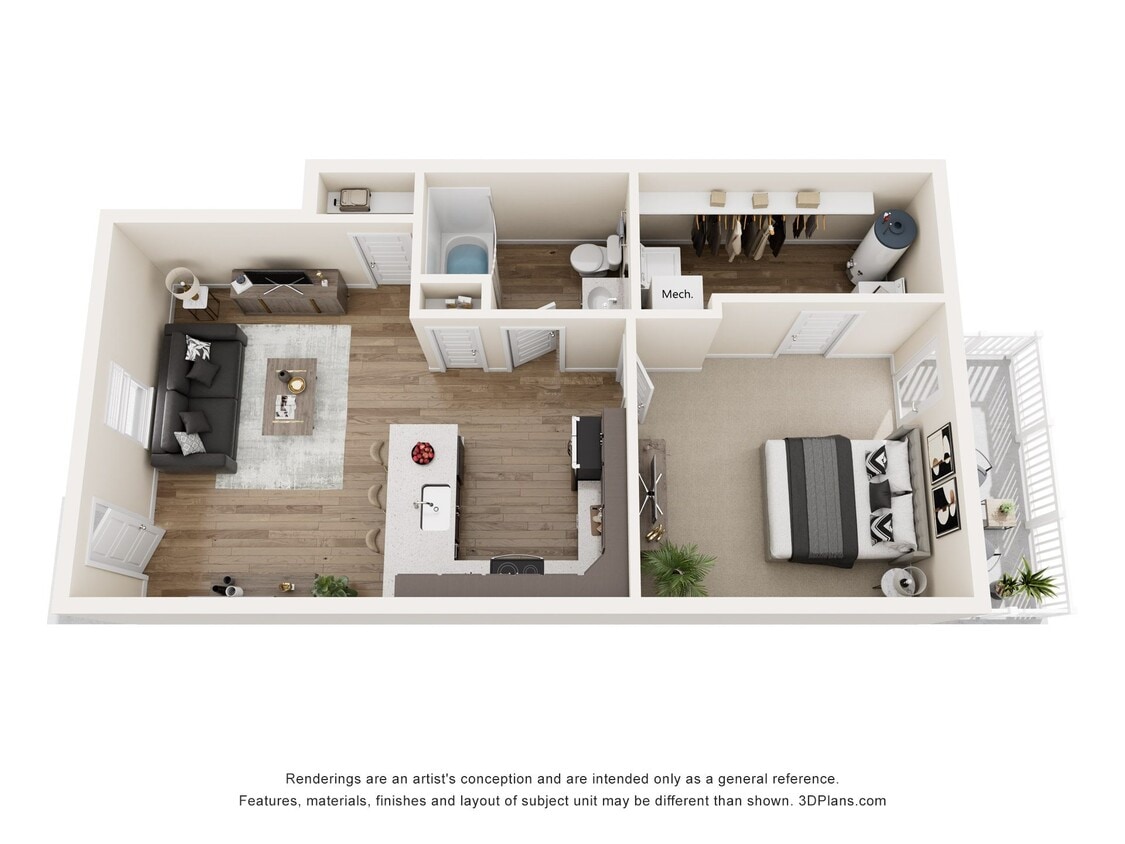Floor Plan - 1 Bedroom First Level - 680sf