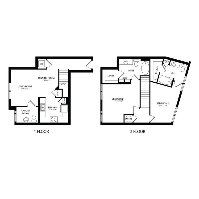 Floor Plan - 2BR/2.5BA Townhouse 1187 SF TB6