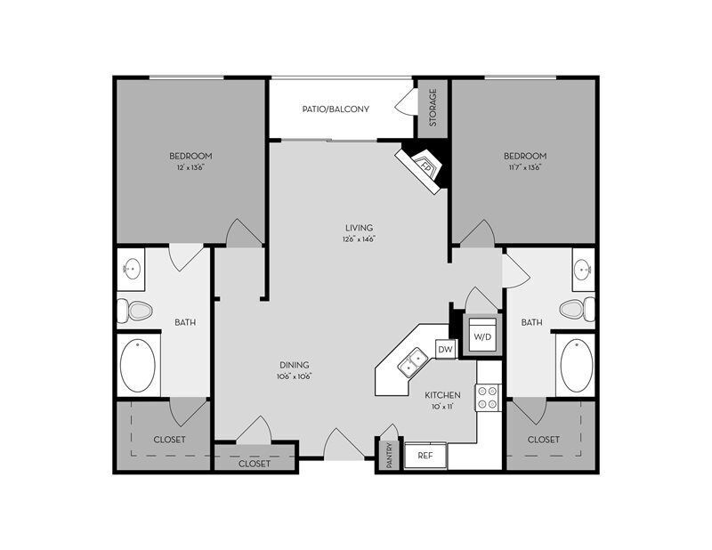 Floor Plan - 2 Bed, 2 Bath A (Pearl Plan - Renovated)