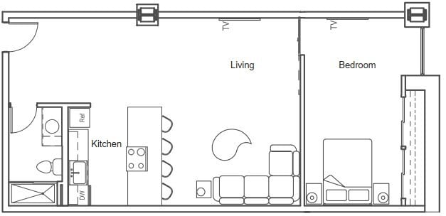 1BR - 1BA Floor Plan - 1BD1BA 