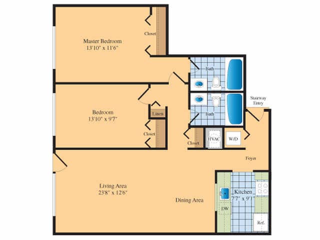 2 BR 2 BA 988 Floorplan - B2A