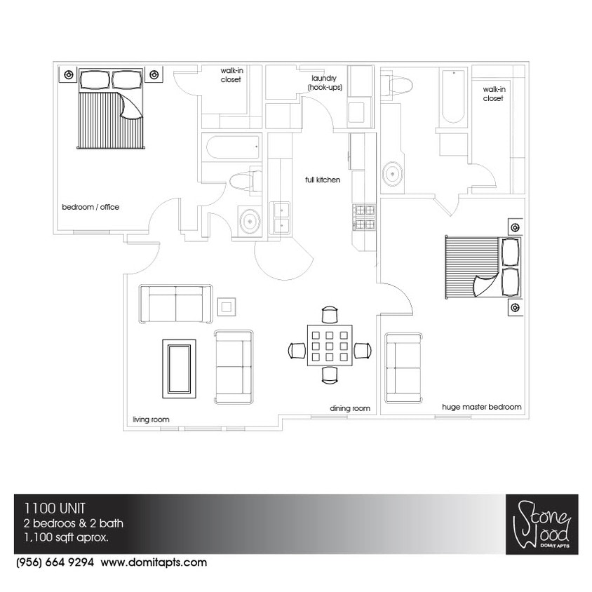 Floor Plan - 1100 Model - 2 bed 2 bath