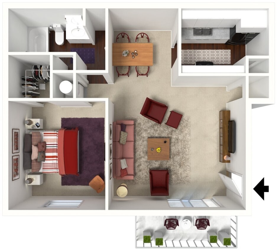 Village Green - 1B1B - Cedar 732-771 SF - 3D Furn.jpg - Cedar