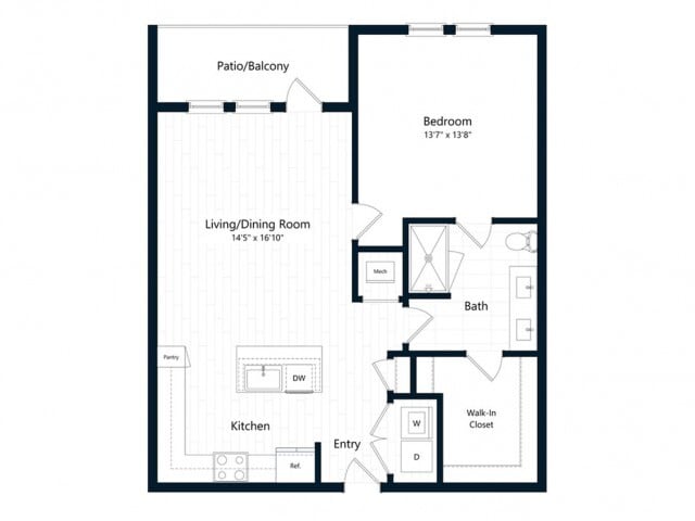 Floor Plan - One Bedroom One Bath (853 SF)