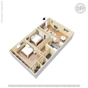 3D Floor Plan 1 - 2 Bed 1 Bath Class
