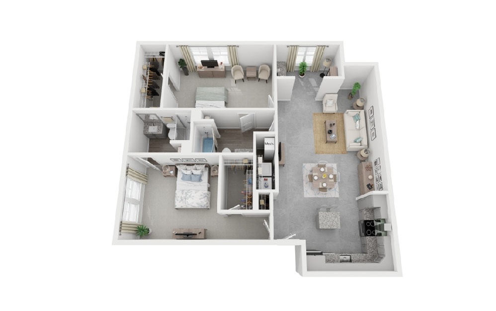 Explore this thoughtfully designed apartment layout, where style meets practicality. - 2 Bed 2 Bath with Office - 1,260 Sq. Ft.