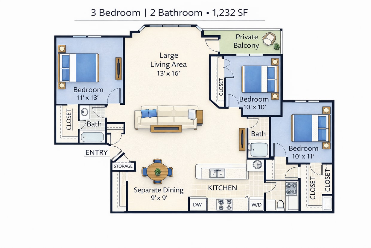 Caledon 3 BR 2 BA Floor Plan - 3 Bed 2 Bath - Silver