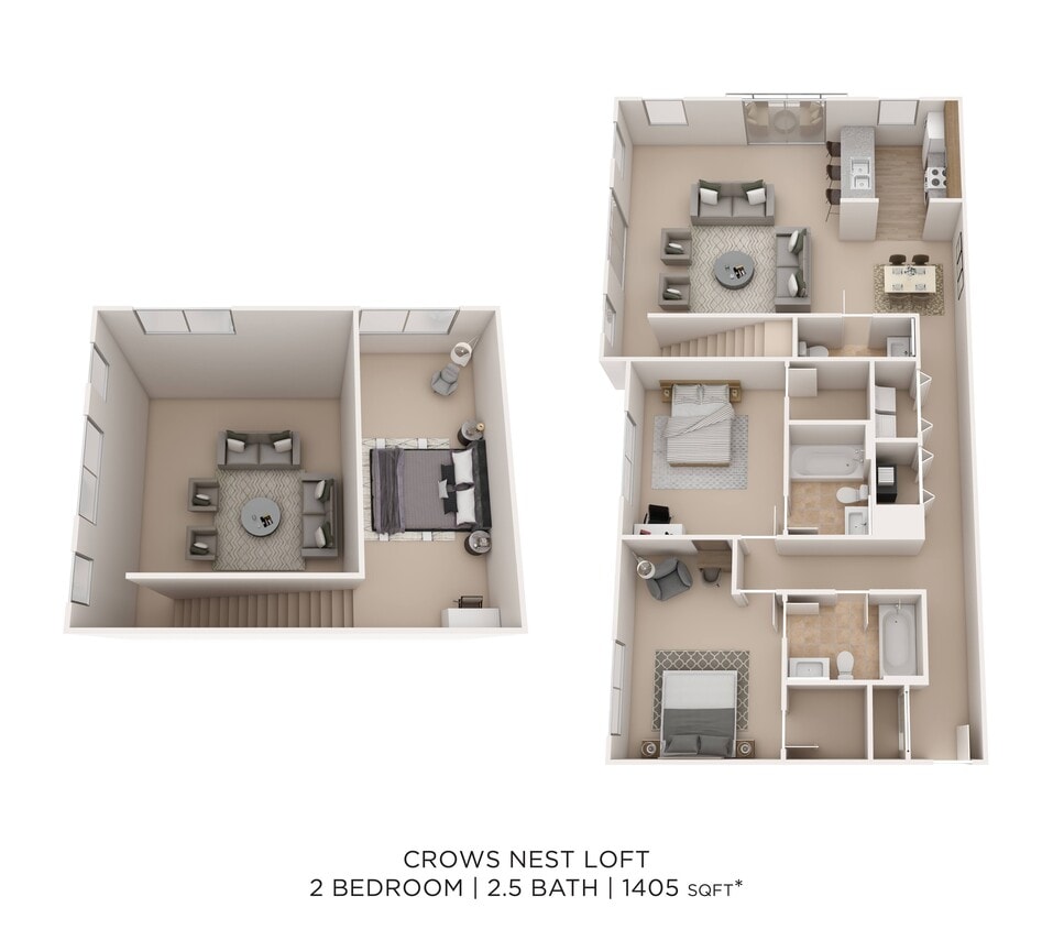 Floor Plan - Two Bedroom 2.5 Bath Townhome- 1405 sqft